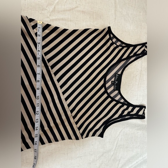 Ellen Parker dress sleeveless stretchy white/black stripes sheer black trim - Picture 4 of 13